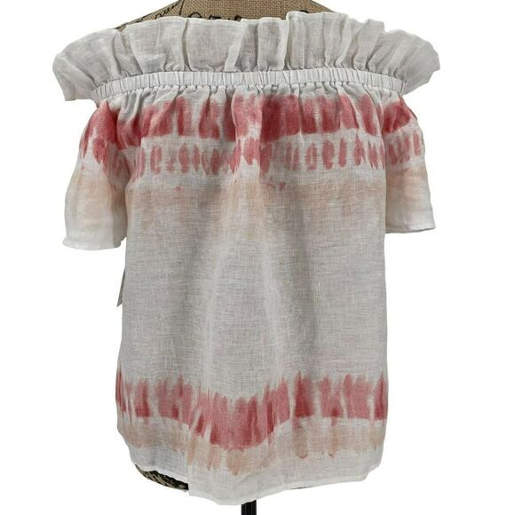 INC International Concepts Off The Shoulder Top 100% Linen Pink White Large - Picture 3 of 10